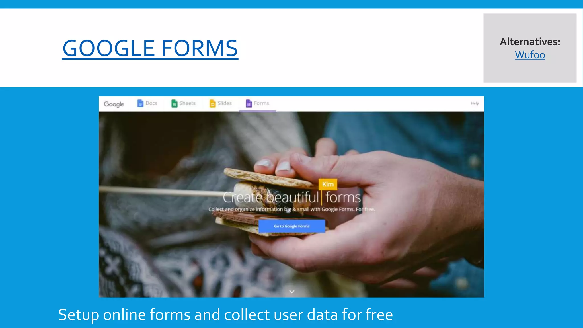 GOOGLE FORMS
Setup online forms and collect user data for free
Alternatives:
Wufoo
 