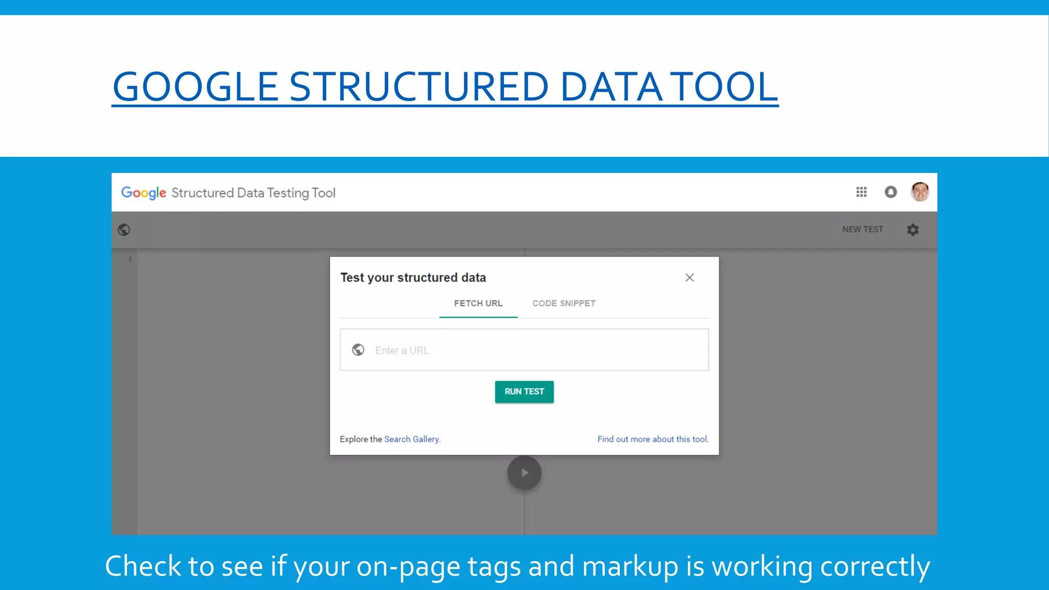 GOOGLE STRUCTURED DATATOOL
Check to see if your on-page tags and markup is working correctly
 