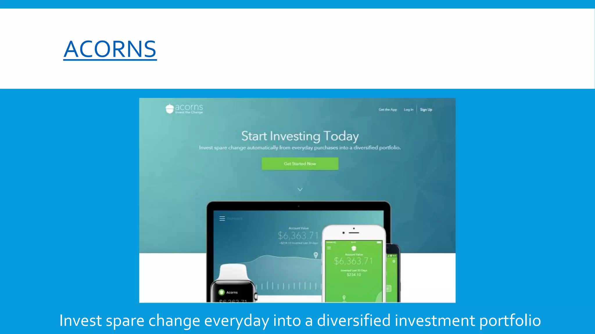 ACORNS
Invest spare change everyday into a diversified investment portfolio
 