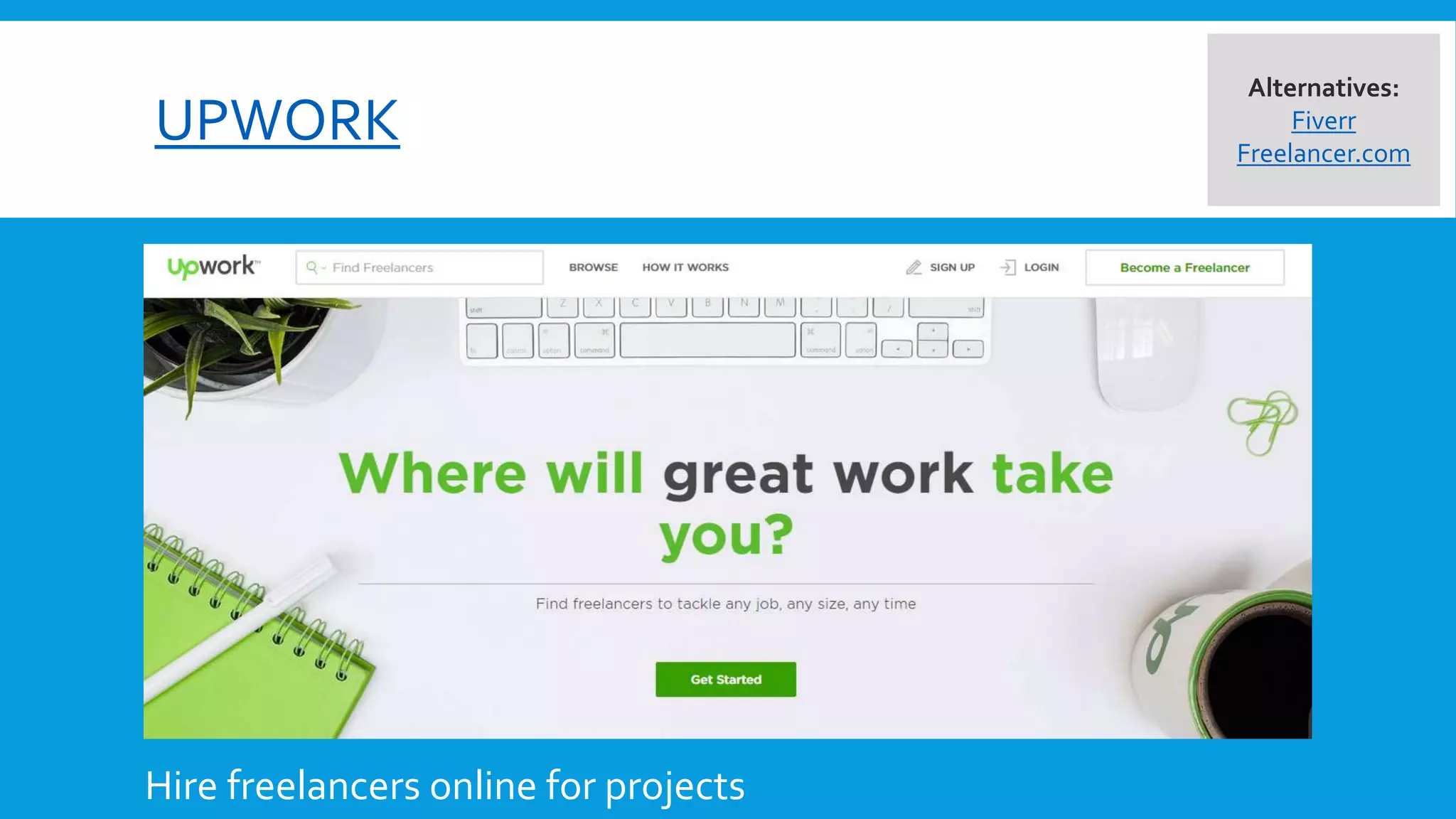 UPWORK
Hire freelancers online for projects
Alternatives:
Fiverr
Freelancer.com
 