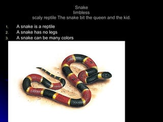 Snake limbless scaly reptile The   snake bit the queen and the kid. A snake is a reptile  A snake has no legs A snake can be many colors  