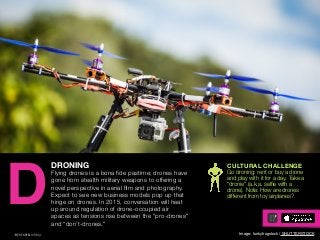 AGENCY OF RELEVANCE
DRONING
Flying drones is a bona ﬁde pastime; drones have
gone from stealth military weapons to offerin...