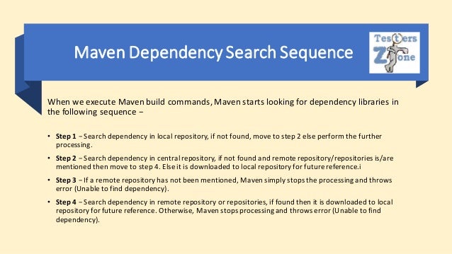 Maven DependencySearch Sequence
When we execute Maven build commands, Maven starts looking for dependency libraries in
the following sequence −
• Step 1 − Search dependency in local repository, if not found, move to step 2 else perform the further
processing.
• Step 2 − Search dependency in central repository, if not found and remote repository/repositories is/are
mentioned then move to step 4. Else it is downloaded to local repository for future reference.i
• Step 3 − If a remote repository has not been mentioned, Maven simply stops the processingand throws
error (Unable to find dependency).
• Step 4 − Search dependency in remote repository or repositories, if found then it is downloaded to local
repository for future reference. Otherwise, Maven stopsprocessing and throws error (Unable to find
dependency).
 