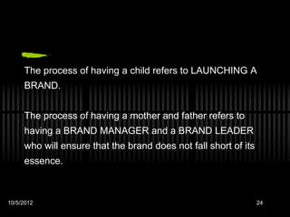 The process of having a child refers to LAUNCHING A
     BRAND.


     The process of having a mother and father refers to
     having a BRAND MANAGER and a BRAND LEADER
     who will ensure that the brand does not fall short of its
     essence.



10/5/2012                                                        24
 