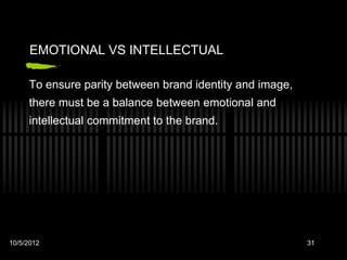 EMOTIONAL VS INTELLECTUAL

     To ensure parity between brand identity and image,
     there must be a balance between emotional and
     intellectual commitment to the brand.




10/5/2012                                                 31
 