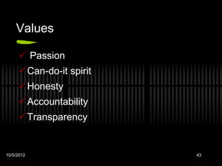 Values

      Passion
     Can-do-it spirit
     Honesty
     Accountability
     Transparency


10/5/2012                43
 