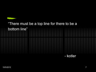 “There must be a top line for there to be a
     bottom line”




                                        - kotler

10/5/2012                                          7
 