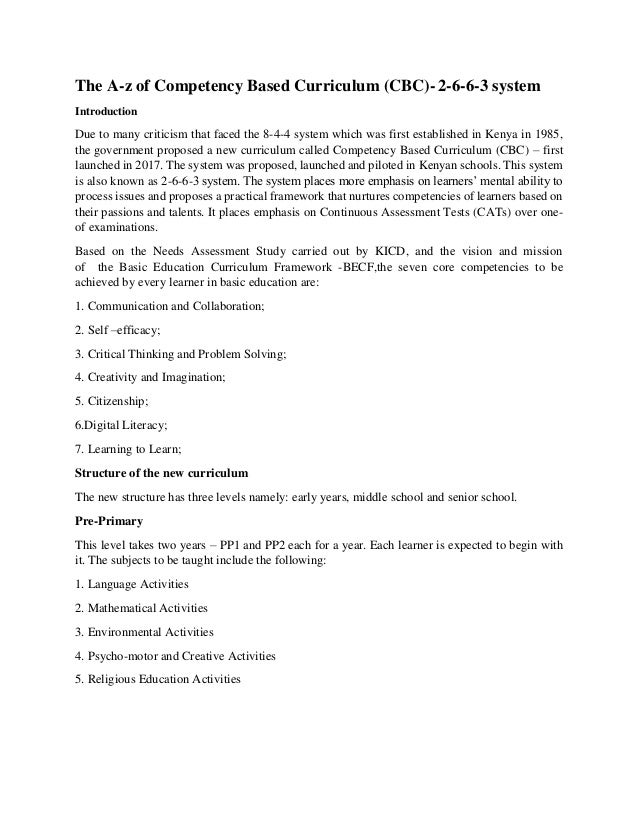 A Z Of The Competency Based Curriculum 2 6 6 3 Education System