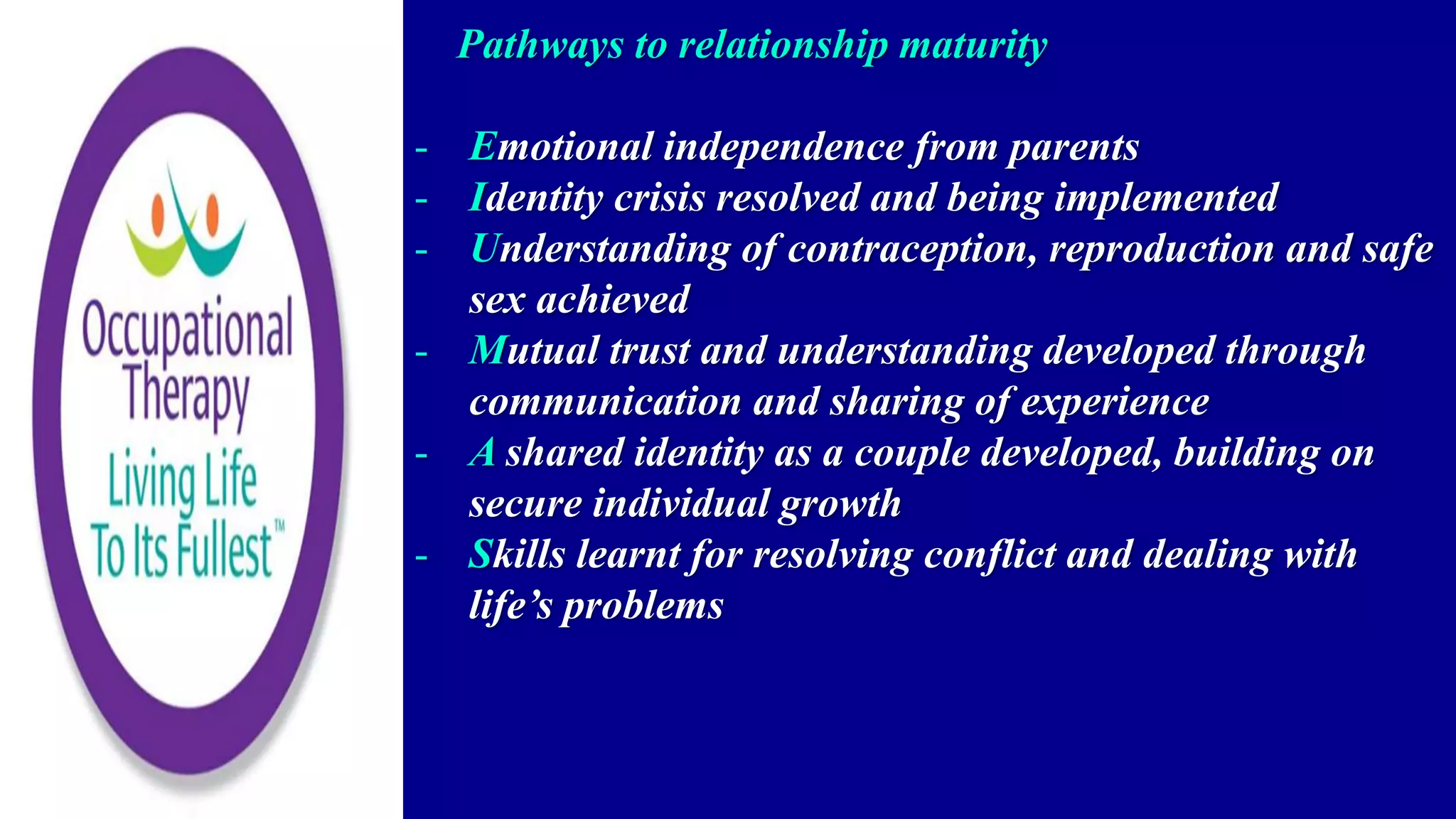 Pathways to relationship maturity
- Emotional independence from parents
- Identity crisis resolved and being implemented
- Understanding of contraception, reproduction and safe
sex achieved
- Mutual trust and understanding developed through
communication and sharing of experience
- A shared identity as a couple developed, building on
secure individual growth
- Skills learnt for resolving conflict and dealing with
life’s problems
 
