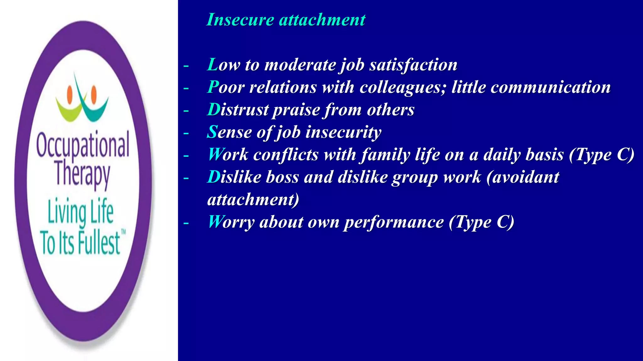 Insecure attachment
- Low to moderate job satisfaction
- Poor relations with colleagues; little communication
- Distrust praise from others
- Sense of job insecurity
- Work conflicts with family life on a daily basis (Type C)
- Dislike boss and dislike group work (avoidant
attachment)
- Worry about own performance (Type C)
 