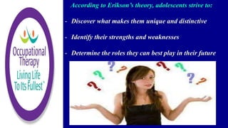 According to Erikson’s theory, adolescents strive to:
- Discover what makes them unique and distinctive
- Identify their strengths and weaknesses
- Determine the roles they can best play in their future
 