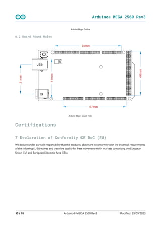 Arduino® MEGA 2560 Rev3
15 / 18 Arduino® MEGA 2560 Rev3 Modified: 29/09/2023
Arduino Mega Outline
6.2 Board Mount Holes
Arduino Mega Mount Holes
Certifications
7 Declaration of Conformity CE DoC (EU)
We declare under our sole responsibility that the products above are in conformity with the essential requirements
of the following EU Directives and therefore qualify for free movement within markets comprising the European
Union (EU) and European Economic Area (EEA).
 
