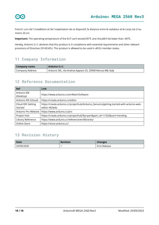 Arduino® MEGA 2560 Rev3
18 / 18 Arduino® MEGA 2560 Rev3 Modified: 29/09/2023
French: Lors de l’ installation et de l’ exploitation de ce dispositif, la distance entre le radiateur et le corps est d ’au
moins 20 cm.
Important: The operating temperature of the EUT can’t exceed 85℃ and shouldn’t be lower than -40℃.
Hereby, Arduino S.r.l. declares that this product is in compliance with essential requirements and other relevant
provisions of Directive 201453/EU. This product is allowed to be used in all EU member states.
11 Company Information
Company name Arduino S.r.l.
Company Address Arduino SRL, Via Andrea Appiani 25, 20900 Monza MB, Italy
12 Reference Documentation
Ref Link
Arduino IDE
(Desktop)
https://www.arduino.cc/en/Main/Software
Arduino IDE (Cloud) https://create.arduino.cc/editor
Cloud IDE Getting
Started
https://create.arduino.cc/projecthub/Arduino_Genuino/getting-started-with-arduino-web-
editor-4b3e4a
Arduino Pro Website https://www.arduino.cc/pro
Project Hub https://create.arduino.cc/projecthub?by=part&part_id=11332&sort=trending
Library Reference https://www.arduino.cc/reference/en/libraries/
Online Store https://store.arduino.cc/
13 Revision History
Date Revision Changes
29/09/2020 1 First Release
 