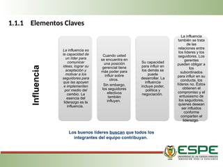 1.1.1 Elementos Claves
La influencia es
la capacidad de
un líder para
comunicar
ideas, lograr su
aceptación y
motivar a los
seguidores para
que las apoyen
e implementen
por medio del
cambio. La
esencia del
liderazgo es la
influencia.
Cuando usted
se encuentra en
una posición
gerencial tiene
más poder para
influir sobre
otros.
Sin embargo,
los seguidores
efectivos
también
influyen.
Su capacidad
para influir en
los demás se
puede
desarrollar. La
influencia
incluye poder,
política y
negociación.
La influencia
también se trata
de las
relaciones entre
los líderes y los
seguidores. Los
gerentes
pueden obligar a
los
subordinados
para influir en su
conducta, los
líderes no. Éstos
obtienen el
compromiso y el
entusiasmo de
los seguidores,
quienes desean
ser influidos
conforme
comparten el
liderazgo.
Influencia
Los buenos líderes buscan que todos los
integrantes del equipo contribuyan.
 