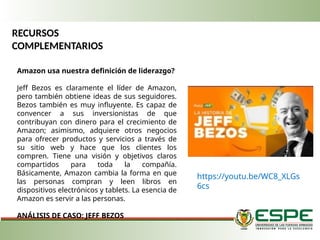 RECURSOS
COMPLEMENTARIOS
Amazon usa nuestra definición de liderazgo?
Jeff Bezos es claramente el líder de Amazon,
pero también obtiene ideas de sus seguidores.
Bezos también es muy influyente. Es capaz de
convencer a sus inversionistas de que
contribuyan con dinero para el crecimiento de
Amazon; asimismo, adquiere otros negocios
para ofrecer productos y servicios a través de
su sitio web y hace que los clientes los
compren. Tiene una visión y objetivos claros
compartidos para toda la compañía.
Básicamente, Amazon cambia la forma en que
las personas compran y leen libros en
dispositivos electrónicos y tablets. La esencia de
Amazon es servir a las personas.
ANÁLISIS DE CASO: JEFF BEZOS
https://youtu.be/WC8_XLGs
6cs
 