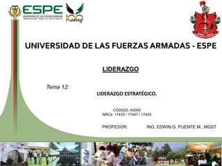 UNIVERSIDAD DE LAS FUERZAS ARMADAS - ESPE
LIDERAZGO
Tema 12:
LIDERAZGO ESTRATÉGICO.
CÓDIGO: A0000
NRCs: 17435 / 17447 / 17455
PROFESOR: ING. EDWIN G. PUENTE M., MGST
 