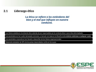2.1 Liderazgo ético
Los líderes establecen el ambiente ético además de ser responsables por la conducta ética o poco ética del empleado.
Los escándalos se han vuelto demasiado comunes, a menudo con base en la filosofía de la victoria codiciosa a cualquier costo.
Los escándalos corporativos han llevado a desconfiar de los líderes organizacionales.
Solamente alrede­
dor de 30% de los países desarrollados confía en los suyos.
La ética se refiere a los estándares del
bien y el mal que influyen en nuestra
conducta.
 