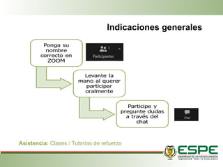 Indicaciones generales
Asistencia: Clases / Tutorías de refuerzo
 