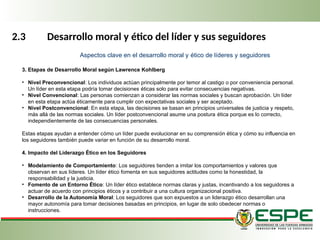 2.3 Desarrollo moral y ético del líder y sus seguidores
3. Etapas de Desarrollo Moral según Lawrence Kohlberg
• Nivel Preconvencional: Los individuos actúan principalmente por temor al castigo o por conveniencia personal.
Un líder en esta etapa podría tomar decisiones éticas solo para evitar consecuencias negativas.
• Nivel Convencional: Las personas comienzan a considerar las normas sociales y buscan aprobación. Un líder
en esta etapa actúa éticamente para cumplir con expectativas sociales y ser aceptado.
• Nivel Postconvencional: En esta etapa, las decisiones se basan en principios universales de justicia y respeto,
más allá de las normas sociales. Un líder postconvencional asume una postura ética porque es lo correcto,
independientemente de las consecuencias personales.
Estas etapas ayudan a entender cómo un líder puede evolucionar en su comprensión ética y cómo su influencia en
los seguidores también puede variar en función de su desarrollo moral.
4. Impacto del Liderazgo Ético en los Seguidores
• Modelamiento de Comportamiento: Los seguidores tienden a imitar los comportamientos y valores que
observan en sus líderes. Un líder ético fomenta en sus seguidores actitudes como la honestidad, la
responsabilidad y la justicia.
• Fomento de un Entorno Ético: Un líder ético establece normas claras y justas, incentivando a los seguidores a
actuar de acuerdo con principios éticos y a contribuir a una cultura organizacional positiva.
• Desarrollo de la Autonomía Moral: Los seguidores que son expuestos a un liderazgo ético desarrollan una
mayor autonomía para tomar decisiones basadas en principios, en lugar de solo obedecer normas o
instrucciones.
Aspectos clave en el desarrollo moral y ético de líderes y seguidores
 