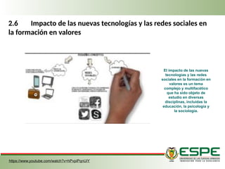 2.6 Impacto de las nuevas tecnologías y las redes sociales en
la formación en valores
https://www.youtube.com/watch?v=hPvpiPqnUiY
El impacto de las nuevas
tecnologías y las redes
sociales en la formación en
valores es un tema
complejo y multifacético
que ha sido objeto de
estudio en diversas
disciplinas, incluidas la
educación, la psicología y
la sociología.
 