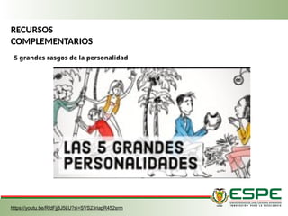 RECURSOS
COMPLEMENTARIOS
5 grandes rasgos de la personalidad
https://youtu.be/RfdFjj8J5LU?si=SVS23riapR452srm
 