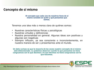 Concepto de sí mismo
http://teoriaypsicologia.blogspot.com/2012/11/nuestro-concepto-de-si-mismo.html
El concepto que cada uno de nosotros tiene de sí
mismo consiste en quién y qué pensamos que
somos.
Tenemos una idea más o menos clara de quiénes somos:
• Nuestras características físicas y psicológicas
• Nuestras virtudes y deficiencias
• Nuestra personalidad en general. Algunas ideas son positivas y
algunas son negativas
• Siempre influyen, ya sea consciente o inconcientemente, en
nuestra manera de ser y presentarnos ante el mundo.
Un dato curioso es que la mayoría de las veces nuestro concepto de sí mismo
está distorsionado. Lo podemos observar cuando lo que pensamos no tiene
congruencia con lo que decimos y lo que decimos no tiene congruencia con lo
que hacemos.
 