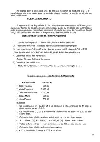 11
11
De acordo com o enunciado 265 do Tribunal Superior do Trabalho (TST), a
transferência do empregado para o período diurno, implica na perda do direito ao
Adicional Noturno.
FOLHA DE PAGAMENTO
O regulamento da Seguridade Social determina que as empresas estão obrigadas
a preparar Folhas de Pagamento da remuneração paga ou creditada aos empregados
onde serão anotados os respectivos descontos efetuados em favor da Previdência Social
(artigo 255 do Decreto 3.048/99 - Regulamento da Previdência Social)
Rotina de Elaboração da Folha de Pagamento
1) Controle de Frequência - Pelo Cartão, Livro ou Folha de Ponto
2) Prontuário individual – situação individualizada de cada empregado
3) Lançamentos na Folha – Com incidências ou sem incidências de INSS e IRRF
. Vide TABELA DE INCIDÊNCIAS DE INSS, IRRF, FGTS DA APOSTILHA
4) Descontos antes das incidências
. Faltas, Atrasos, Saídas Antecipadas
5) Descontos das Incidências
. INSS, IRRF, Contribuição Sindical, Vale transporte, Alimentação e etc ...
Exercício para execução da Folha de Pagamento
Funcionários Salário R$
1) José Francisco 900,00
2) Maria Francisca 3.500,00
3) Claúdio Calamendrei 1.100,00
4) Josias Mana 900,00
5) Nikita Patricia 750,00
Questões
1) Os funcionários nº 02, 03, 04 e 05 possuem 3 filhos menores de 14 anos e
dependentes para o I.R.R.F.
2) Os funcionários 01, 02 e 03 recebem gratificação na base de 20% do seu
salário base.
3) Os funcionários abaixo recebem vale-transporte nos seguintes valores:
01) R$ 121,00 02) R$ 121,00 03) 121,00 04) 165,00 05) 143,00
4) Todos os funcionários recebem adiantamento de 40% de seu salário-base
5) Os funcionários abaixo realizaram horas extras
01> 10 horas sendo 5 horas a 50% e 5 a 75%.
 