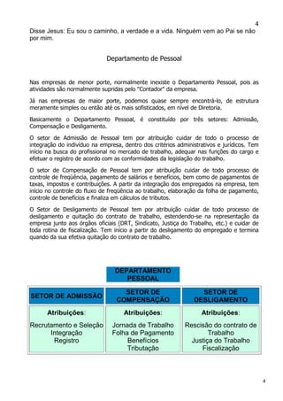 4
4
Disse Jesus: Eu sou o caminho, a verdade e a vida. Ninguém vem ao Pai se não
por mim.
Departamento de Pessoal
Nas empresas de menor porte, normalmente inexiste o Departamento Pessoal, pois as
atividades são normalmente supridas pelo "Contador" da empresa.
Já nas empresas de maior porte, podemos quase sempre encontrá-lo, de estrutura
meramente simples ou então até os mais sofisticados, em nível de Diretoria.
Basicamente o Departamento Pessoal, é constituído por três setores: Admissão,
Compensação e Desligamento.
O setor de Admissão de Pessoal tem por atribuição cuidar de todo o processo de
integração do indivíduo na empresa, dentro dos critérios administrativos e jurídicos. Tem
início na busca do profissional no mercado de trabalho, adequar nas funções do cargo e
efetuar o registro de acordo com as conformidades da legislação do trabalho.
O setor de Compensação de Pessoal tem por atribuição cuidar de todo processo de
controle de freqüência, pagamento de salários e benefícios, bem como de pagamentos de
taxas, impostos e contribuições. A partir da integração dos empregados na empresa, tem
início no controle do fluxo de freqüência ao trabalho, elaboração da folha de pagamento,
controle de benefícios e finaliza em cálculos de tributos.
O Setor de Desligamento de Pessoal tem por atribuição cuidar de todo processo de
desligamento e quitação do contrato de trabalho, estendendo-se na representação da
empresa junto aos órgãos oficiais (DRT, Sindicato, Justiça do Trabalho, etc.) e cuidar de
toda rotina de fiscalização. Tem início a partir do desligamento do empregado e termina
quando da sua efetiva quitação do contrato de trabalho.
DEPARTAMENTO
PESSOAL
SETOR DE ADMISSÃO
SETOR DE
COMPENSAÇÃO
SETOR DE
DESLIGAMENTO
Atribuições:
Recrutamento e Seleção
Integração
Registro
Atribuições:
Jornada de Trabalho
Folha de Pagamento
Benefícios
Tributação
Atribuições:
Rescisão do contrato de
Trabalho
Justiça do Trabalho
Fiscalização
 