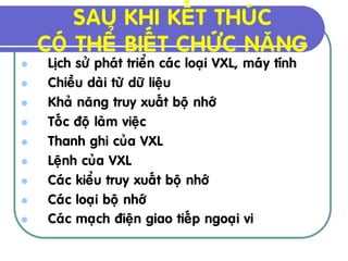 SAU KHI KEÁT THUÙC
    COÙ THEÅ BIEÁT CHÖÙC NAÊNG
    Lòch söû phaùt trieån caùc loaïi VXL, maùy tính
    Chieàu daøi töø döõ lieäu
    Khaû naêng truy xuaát boä nhôù
    Toác ñoä laøm vieäc
    Thanh ghi cuûa VXL
    Leänh cuûa VXL
    Caùc kieåu truy xuaát boä nhôù
    Caùc loaïi boä nhôù
    Caùc maïch ñieän giao tieáp ngoaïi vi
 