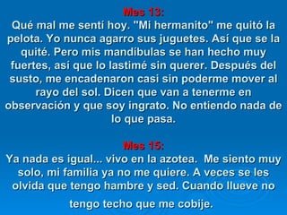 Mes 13: Qué mal me sentí hoy. "Mi hermanito" me quitó la pelota. Yo nunca agarro sus juguetes. Así que se la quité. Pero mis mandíbulas se han hecho muy fuertes, así que lo lastimé sin querer. Después del susto, me encadenaron casi sin poderme mover al rayo del sol. Dicen que van a tenerme en observación y que soy ingrato. No entiendo nada de lo que pasa. Mes 15: Ya nada es igual... vivo en la azotea.  Me siento muy solo, mi familia ya no me quiere. A veces se les olvida que tengo hambre y sed. Cuando llueve no tengo techo que me cobije.   