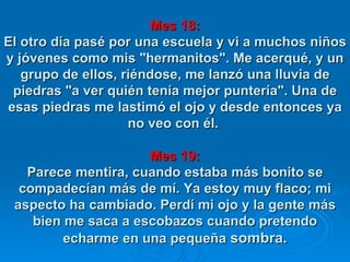 Mes 18: El otro día pasé por una escuela y vi a muchos niños y jóvenes como mis "hermanitos". Me acerqué, y un grupo de ellos, riéndose, me lanzó una lluvia de piedras "a ver quién tenía mejor puntería". Una de esas piedras me lastimó el ojo y desde entonces ya no veo con él.  Mes 19: Parece mentira, cuando estaba más bonito se compadecían más de mí. Ya estoy muy flaco; mi aspecto ha cambiado. Perdí mi ojo y la gente más bien me saca a escobazos cuando pretendo echarme en una pequeña  sombra. 