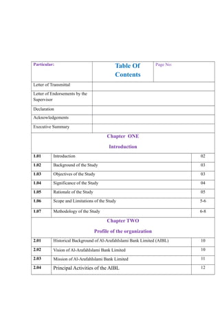 Particular: Table Of
Contents
Page No:
Letter of Transmittal
Letter of Endorsements by the
Supervisor
Declaration
Acknowledgements
Executive Summary
Chapter ONE
Introduction
1.01 Introduction 02
1.02 Background of the Study 03
1.03 Objectives of the Study 03
1.04 Significance of the Study 04
1.05 Rationale of the Study 05
1.06 Scope and Limitations of the Study 5-6
1.07 Methodology of the Study 6-8
Chapter TWO
Profile of the organization
2.01 Historical Background of Al-ArafahIslami Bank Limited (AIBL) 10
2.02 Vision of Al-ArafahIslami Bank Limited 10
2.03 Mission of Al-ArafahIslami Bank Limited 11
2.04 Principal Activities of the AIBL 12
 