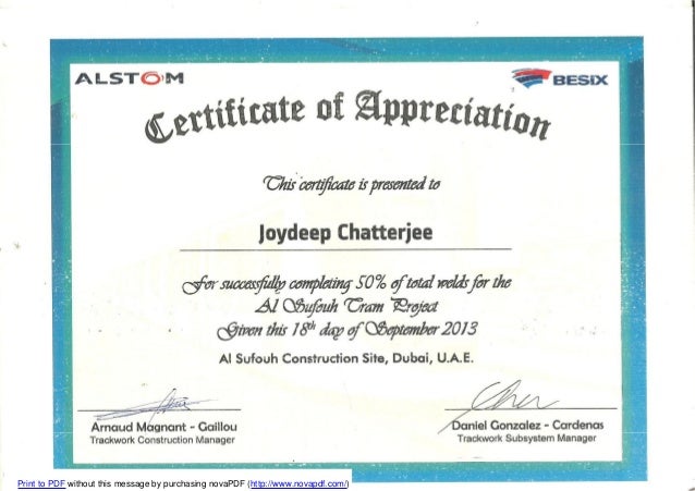 ALSTOM Welding Appreciation Certificate