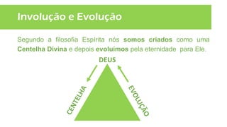 Involução e Evolução
Segundo a filosofia Espírita nós somos criados como uma
Centelha Divina e depois evoluímos pela eternidade para Ele.
DEUS
 