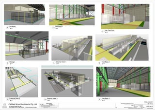 De-fence                                                                                                                                   Test Bays 1
                          1     @ A1
                                                                                                                                                                2            @ A1

                                                                                                                                                                                                        Gas Test Pool
                                                                                                                                                                                                    3      @ A1




                               Storage                                                                                                                                        External View 1       Test Bays 2
                          4     @ A1
                                                                                                                                                                    5           @ A1
                                                                                                                                                                                                6   @ A1




                               External View 2                                                                                        External View 3                                               Test Bays 3
                          7     @ A1
                                                                                                                            8            @ A1
                                                                                                                                                                                                9   @ A1
                                                                                                                                                                                                                                                                                                             PRELIMINARY
                                                                                                                                   Revision Schedule                                                                          INTEGRATED WORKSHOP FITOUT                                                         3D Views
                              Oldfield Knott Architects Pty Ltd                                         No.
                                                                                                        E
                                                                                                        F
                                                                                                               Date
                                                                                                              22.12.11
                                                                                                              09.01.12
                                                                                                                                             Description
                                                                                                                         Addition of Bollards & Deletion of Concrete Dado
                                                                                                                         Revised In Progress Structural Model
                                                                                                                                                                                                                                     Cnr Belmont Ave and Leach Highway Project NumberProject Number
                                                                                                                                                                                                                                                               Kewdale
                                                                                                                                                                                                                                                                       Date                August 2011

The Royal Australian
                              567 Hay Street, Daglish, WA. 6008                                         G     10.01.12   Canopy Link from Base Build                                                                                                                   Design/drawn by           Designer        A002 rev.H
Institute of Architects       Phone (08)9381 6788 . Fax (08) 9381 4619   PO Box 849, Subiaco, WA 6904   H     12.01.12   Revised Grids, Pallet Drawing Linked and Addition of Bike &
                                                                                                                         Smokers Enclosure                                                                              for         Cameron Australasia Pty Ltd        Checked by                Checker Scale
                                                                                                                                                                                                                                                  C:UsersachachadDocuments1114011140_Fitout_Local.rvt        12/01/2012 10:46:00 AM
 