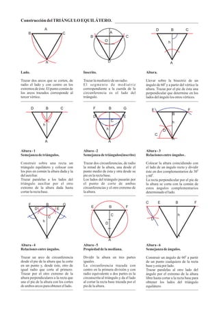 Construcción delTRIÁNGULO EQUILÁTERO.
A
B C
O
D
Inscrito.
Trazarlamediatrizdeunradio.
El segmento de mediatriz
correspondiente a la cuerda de la
circunferencia es el lado del
triángulo.
D B C
h
A
Altura.
Llevar sobre la bisectriz de un
ángulo de 60 y a partir del vértice la
altura. Trazar por el pie de ésta una
perpendicular que determine en los
ladosdelángulolosotrosvértices.
0
A
B C
A
Lado.
Trazar dos arcos que se corten, de
radio el lado y con centro en los
extremos de éste. El punto común de
los arcos trazados corresponde al
tercervértice.
D B C
h
A
Altura-1
Semejanzadetriángulos.
Construir sobre una recta un
triángulo equilátero y colocar con
los pies en común la altura dada y la
delauxiliar.
Trazar paralelas a los lados del
triángulo auxiliar por el otro
extremo de la altura dada hasta
cortarlarectabase.
F B G
D E
C
h
A
Altura-2
Semejanzadetriángulos(inscrito)
Trazar dos circunferencias, de radio
la mitad de la altura, una desde el
punto medio de ésta y otra desde su
pieenlarectabase.
Los lados del triángulo pasarán por
el punto de corte de ambas
circunferencias y el otro extremo de
laaltura.
E F
B
h
D
C
A
Altura-3
Relacionesentreángulos .
Colocar la altura coincidiendo con
el lado de un ángulo recto y dividir
éste en dos complementarios de 30
y60 .
La recta perpendicular por el pie de
la altura se corta con la común de
estos ángulos complementarios
determinadoellado.
0
0
Altura-5
Propiedad delamediana.
Dividir la altura en tres partes
iguales.
La circunferencia trazada con
centro en la primera división y con
radio equivalente a dos partes es la
circunscrita al triángulo y da el lado
al cortar la recta base trazada por el
piedelaaltura.
E B F
C
D
A
Altura-4
Relacionesentreángulos.
Trazar un arco de circunferencia
desde el pie de la altura que la corte
en un punto y, desde éste, otro de
igual radio que corte al primero.
Trazar por el otro extremo de la
altura perpendiculares a la recta que
une el pie de la altura con los cortes
deambosarcosparaobtenerellado.
Altura-6
Semejanzadeángulos.
Construir un ángulo de 60 a partir
de un punto cualquiera de la recta
baseyestaporlado.
Trazar paralelas al otro lado del
ángulo por el extremo de la altura
libre hasta cortar a la recta base para
obtener los lados del triángulo
equilátero.
0
C E B F
D
A
h
F B G
D E
C
h
A
 