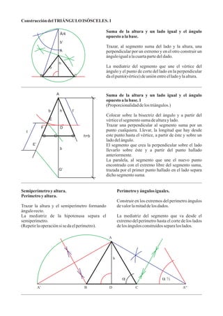 Construcción delTRIÁNGULO ISÓSCELES. 1
Suma de la altura y un lado igual y el ángulo
opuesto a labase.
Trazar, al segmento suma del lado y la altura, una
perpendicular por un extremo y en el otro construir un
ánguloigualalacuartapartedeldado.
La mediatriz del segmento que une el vértice del
ángulo y el punto de corte del lado en la perpendicular
daelpunto(vértice)deuniónentreelladoy laaltura.
Â/4
b’
A
h
b
B C
Suma de la altura y un lado igual y el ángulo
opuesto a labase. 1
(Proporcionalidaddelos triángulos.)
Colocar sobre la bisectriz del ángulo y a partir del
vérticeelsegmentosumadealturay lado.
Trazar una perpendicular al segmento suma por un
punto cualquiera. Llevar, la longitud que hay desde
este punto hasta el vértice, a partir de éste y sobre un
ladodelángulo.
El segmento que crea la perpendicular sobre el lado
llevarlo sobre éste y a partir del punto hallado
anteriormente.
La paralela, al segmento que une el nuevo punto
encontrado con el extremo libre del segmento suma,
trazada por el primer punto hallado en el lado separa
dichosegmentosuma.
A
b h l’
E
F D
l
B G C h+b
E’
b
G’
Semiperímetro y altura.
Perímetro y altura.
Trazar la altura y el semiperímetro formando
ángulorecto.
La mediatriz de la hipotenusa separa el
semiperímetro.
(Repetirlaoperaciónsi sedaelperímetro).
Perímetro y ángulos iguales.
Construir en los extremos del perímetro ángulos
devalorlamitaddelos dados.
La mediatriz del segmento que va desde el
extremo del perímetro hasta el corte de los lados
delos ángulosconstruidosseparalos lados.
A
h
A’ B D C A“
a a ½
 