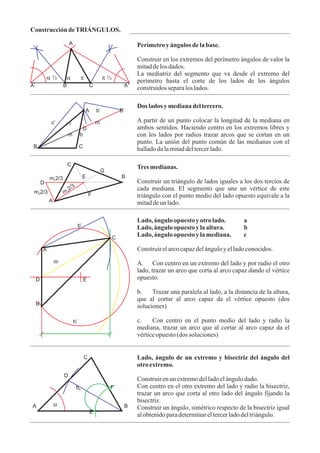 Construcción deTRIÁNGULOS.
Perímetro y ángulos delabase.
Construir en los extremos del perímetro ángulos de valor la
mitaddelos dados.
La mediatriz del segmento que va desde el extremo del
perímetro hasta el corte de los lados de los ángulos
construidosseparalos lados.
Dos lados y mediana deltercero.
A partir de un punto colocar la longitud de la mediana en
ambos sentidos. Haciendo centro en los extremos libres y
con los lados por radios trazar arcos que se cortan en un
punto. La unión del punto común de las medianas con el
halladodalamitaddeltercerlado.
A b’ B’
c’ c m’
D
B C
m b
Tres medianas.
Construir un triángulo de lados iguales a los dos tercios de
cada mediana. El segmento que une un vértice de este
triángulo con el punto medio del lado opuesto equivale a la
mitaddeun lado.
C
G
E B
D
F
A
m 2/3c
m 2/3b m
2/3
a
Lado, ángulo opuesto y otro lado. a
Lado, ángulo opuesto y laaltura. b
Lado, ángulo opuesto y lamediana. c
Construirelarcocapazdelánguloy elladoconocidos.
A. Con centro en un extremo del lado y por radio el otro
lado, trazar un arco que corta al arco capaz dando el vértice
opuesto.
b. Trazar una paralela al lado, a la distancia de la altura,
que al cortar al arco capaz da el vértice opuesto (dos
soluciones)
c. Con centro en el punto medio del lado y radio la
mediana, trazar un arco que al cortar al arco capaz da el
vérticeopuesto(dos soluciones)
b’
C
A
m
D E
B
h’
Lado, ángulo de un extremo y bisectriz del ángulo del
otro extremo.
Construirenun extremodelladoelángulodado.
Con centro en el otro extremo del lado y radio la bisectriz,
trazar un arco que corta al otro lado del ángulo fijando la
bisectriz.
Construir un ángulo, simétrico respecto de la bisectriz igual
alobtenidoparadeterminareltercerladodeltriángulo.
C
D
A B
E
b Fb
a
a a p½ p ½
A
A’ B C A“
 