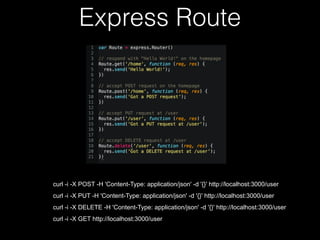 Express Route
curl -i -X POST -H 'Content-Type: application/json' -d '{}' http://localhost:3000/user
curl -i -X PUT -H 'Content-Type: application/json' -d '{}' http://localhost:3000/user
curl -i -X DELETE -H 'Content-Type: application/json' -d '{}' http://localhost:3000/user
curl -i -X GET http://localhost:3000/user
 