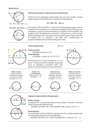 POTENCIA.

P           A                       B       Potencia de un punto respecto de una circunferencia.

                                            Producto de los segmentos determinados por una recta secante, trazada
        C
                    D                       desde un punto a la circunferencia, situados en el mismo plano.

PA / PC = PB / PD =...k                                                 PA . PB = PC . PD...k

(PA)(PB)=(PC)(PD)=...k Si se unen A y D así como B y C, tanto en el caso del punto exterior como en
                       el interior a la circunferencia, se forman los triángulos PAD y PCB, que son
      A
                       semejantes, ya que en el caso del exterior, los ángulos en P son iguales y los
         P             ángulos en B y D también por ser inscritos y de igual arco; y en el caso del
   C           D       interior los ángulos en P son iguales por ser opuestos por el vértice y los B y
                       D también por ser inscritos y de igual arco. Estableciendo la
           B           proporcionalidad entre los lados homólogos se tiene:

                                                                                              2   2
                                            Valor de la potencia.                         ( d -r )
            d                   r                                                                              r           d
                                            Punto exterior:
                                                 (PA)(PB)=(d-r)(d+r)= d2-r2
                                            Punto interior:
P           A   b       O               B                                                                          a               b
                                                 (-PA)(PB)= -(r-d)(r+d)= -(r2-d2)= d2- r2             A                                    B
                                                                                                                       O       P
    a                                       Para el punto en el centro la potencia es -r2, ya
                                            que d2 = 0; para el resto de los puntos, la potencia
                                            crece al aumentar d, teniendo como valor
                                            0(cero) los puntos situados en la circunferencia.

   Punto exterior.                                Punto en la                 Punto interior.              Punto en el centro.
  Potencia positiva.                            circunferencia.              Potencia negativa.             Potencia negativa.
Segmentos orientados                         Potencia igual a cero.        Segmentos orientados           Segmentos orientados
en el mismo sentido.                           (PA)(PB) = k = 0             en sentido contrario.          en sentido contrario.
                 2   2                                                                        2   2                            2
(PA)(PB) = k = d - r                                                      (-PA)(PB) = -k = d - r           (-PA)(PB) = -k = -r



                                                                                                           A               P           B
                                                   A            B
    P   A                   B                  P                            A      P          B




                        C                   Segmento representativo de la potencia.
                                c
    B       b O         A               P
                                            Punto exterior.
                                    a       La tangente PC es la posición límite de una secante y el punto C posición
                                            límite común de las intersecciones.
                                                                         2                                 2 2   2
                                                (PA)(PB)=(PC)(PC)=PC =(PO-OA)(PO+OB)=(d-r)(d+r)=d -r = c
                        C
                c
                                            Punto interior.
            a           b
A                               B           La semicuerda normal al diámetro que pasa por P, es medio proporcional
            O       P
                                            entre las distancias de este a la circunferencia.
                                                                           2                             2 2   2
                                              (-PA)(PB)=(PC)(PC)=Pc =(-PO+OA)(OB-PO)=(-r+d)(r-d)= d -r = c
 