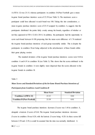 INVESTIGATINGTHEINFLUENCE OF ADVERTISINGWITHIN VIDEO-GAMESON CONSUMER PURCHASE INTENTIONS
31 | P a g e
A (FIFA 12) was 25.15, whereas participants in condition B (Pure Football) gave a mean
in-game brand purchase intention score of 23.39 (see Table 3). The maximum score a
participant could have allocated to each brand was 100. Taking this into consideration, a
mean in-game purchase intention score of 25.15 assigned by condition A, suggests that the
participants distributed the points fairly evenly among the brands, regardless of whether or
not they appeared in FIFA 12 (EA 2011). In addition, the participants had the opportunity to
score each brand between 0-100, proposing that the mean score difference of 1.76 rendered
the in-game brand purchase intentions of each group reasonably similar. This is despite the
participants in condition B not being subjected to the advertisement of these brands within
their game playing session.
The standard deviation of the in-game brand purchase intentions scores were 8.64 in
condition A and 6.91 in condition B (see Table 3). This shows that the scores attributed to the
in-game brands in condition A were slightly more dispersed than the scores allocated to the
in-game brands in condition B.
Table 3
Mean Scores and Standard Deviations of the In-Game Brand Purchase Intentions of
Participants from Condition A and Condition B
The in-game brand purchase intentions skewness Z-score was 1.44 in condition A,
alongside a kurtosis Z-score of 0.64. The in-game brand purchase intentions skewness
Z-score in condition B was 0.20, with the kurtosis Z-score being -0.20. As these scores fell
between 2.58 and -2.58, is could be assumed that the data was normally distributed. A
 