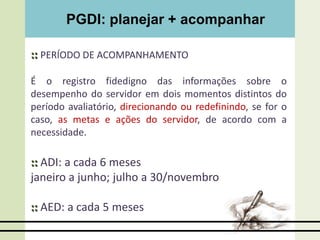 PGDI: planejar + acompanhar
:: PERÍODO DE ACOMPANHAMENTO
É o registro fidedigno das informações sobre o
desempenho do servidor em dois momentos distintos do
período avaliatório, direcionando ou redefinindo, se for o
caso, as metas e ações do servidor, de acordo com a
necessidade.
:: ADI: a cada 6 meses
janeiro a junho; julho a 30/novembro
:: AED: a cada 5 meses
 