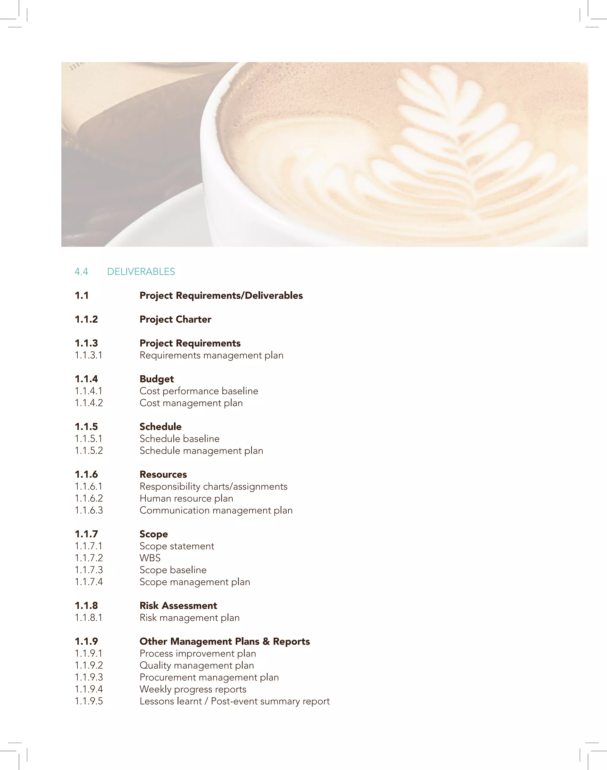 4.4 DELIVERABLES
1.1 Project Requirements/Deliverables
1.1.2 Project Charter
1.1.3 Project Requirements
1.1.3.1 Requirements management plan
1.1.4 Budget
1.1.4.1 Cost performance baseline
1.1.4.2 Cost management plan
1.1.5 Schedule
1.1.5.1 Schedule baseline
1.1.5.2 Schedule management plan
1.1.6 Resources
1.1.6.1 Responsibility charts/assignments
1.1.6.2 Human resource plan
1.1.6.3 Communication management plan
1.1.7 Scope
1.1.7.1 Scope statement
1.1.7.2 WBS
1.1.7.3 Scope baseline
1.1.7.4 Scope management plan
1.1.8 Risk Assessment
1.1.8.1 Risk management plan
1.1.9 Other Management Plans & Reports
1.1.9.1 Process improvement plan
1.1.9.2 Quality management plan
1.1.9.3 Procurement management plan
1.1.9.4 Weekly progress reports
1.1.9.5 Lessons learnt / Post-event summary report
 