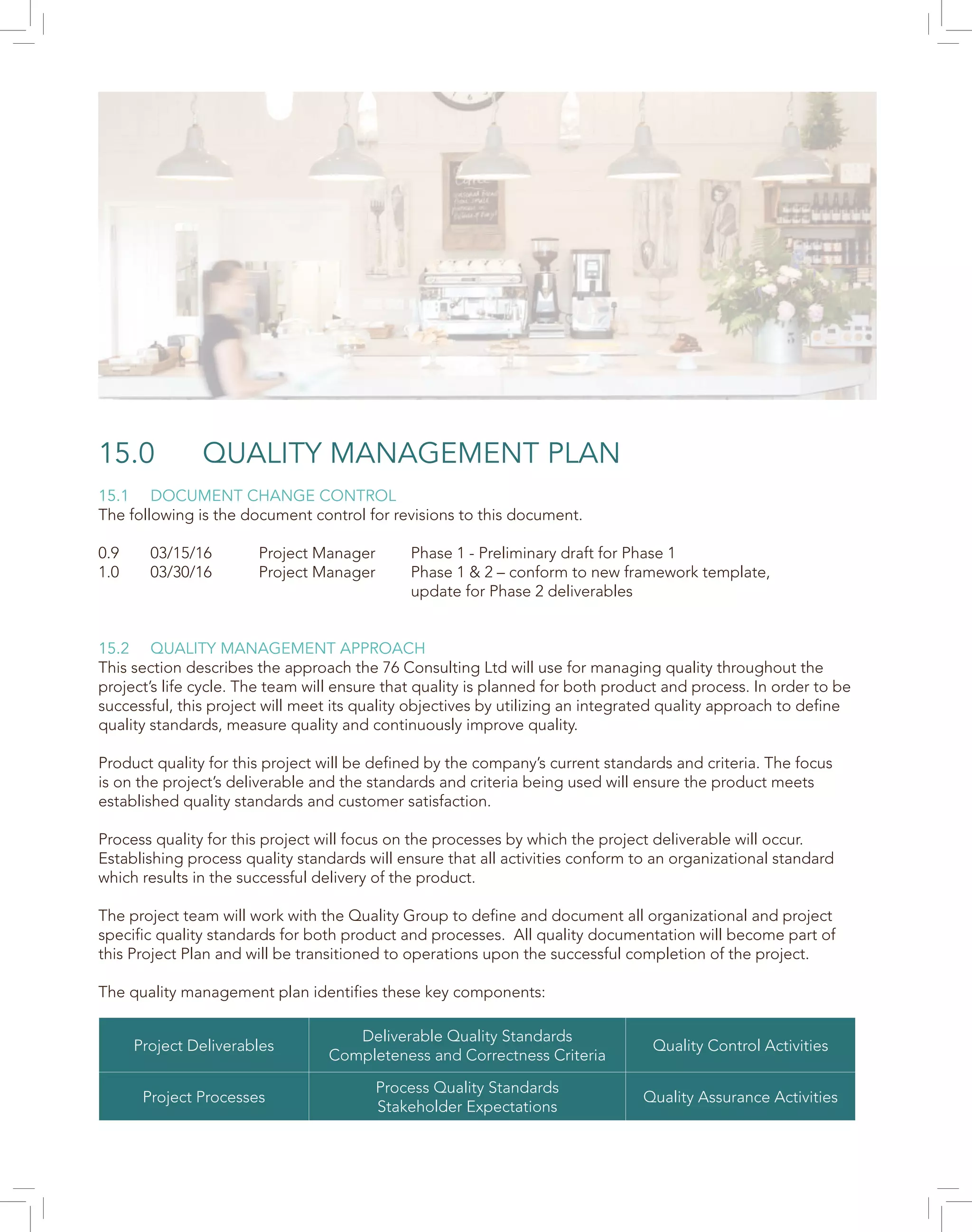 15.0 QUALITY MANAGEMENT PLAN
15.1 DOCUMENT CHANGE CONTROL
The following is the document control for revisions to this document.
0.9 03/15/16 Project Manager Phase 1 - Preliminary draft for Phase 1
1.0 03/30/16 Project Manager Phase 1 & 2 – conform to new framework template,
update for Phase 2 deliverables
15.2 QUALITY MANAGEMENT APPROACH
This section describes the approach the 76 Consulting Ltd will use for managing quality throughout the
project’s life cycle. The team will ensure that quality is planned for both product and process. In order to be
successful, this project will meet its quality objectives by utilizing an integrated quality approach to define
quality standards, measure quality and continuously improve quality.
Product quality for this project will be defined by the company’s current standards and criteria. The focus
is on the project’s deliverable and the standards and criteria being used will ensure the product meets
established quality standards and customer satisfaction.
Process quality for this project will focus on the processes by which the project deliverable will occur.
Establishing process quality standards will ensure that all activities conform to an organizational standard
which results in the successful delivery of the product.
The project team will work with the Quality Group to define and document all organizational and project
specific quality standards for both product and processes. All quality documentation will become part of
this Project Plan and will be transitioned to operations upon the successful completion of the project.
The quality management plan identifies these key components:
Project Deliverables
Deliverable Quality Standards
Completeness and Correctness Criteria
Quality Control Activities
Project Processes
Process Quality Standards
Stakeholder Expectations
Quality Assurance Activities
 