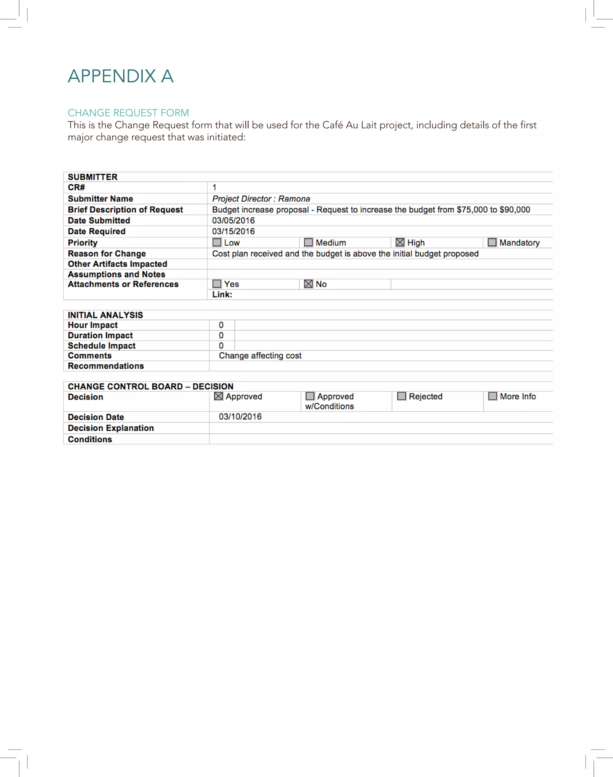 APPENDIX A
CHANGE REQUEST FORM
This is the Change Request form that will be used for the Café Au Lait project, including details of the first
major change request that was initiated:
 