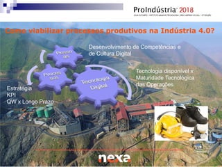 Como viabilizar processos produtivos na Indústria 4.0?
Tecnologia disponível x
Maturidade Tecnológica
das Operações
Desenvolvimento de Competências e
de Cultura Digital
Estratégia
KPI
QW x Longo Prazo
 