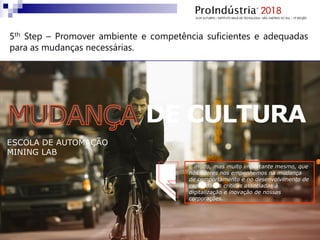 MUDANÇA DE CULTURA
É muito, mas muito importante mesmo, que
nós líderes nos empenhemos na mudança
de comportamento e no desenvolvimento de
capacidades críticas associadas à
digitalização e inovação de nossas
corporações.
ESCOLA DE AUTOMAÇÃO
MINING LAB
5th Step – Promover ambiente e competência suficientes e adequadas
para as mudanças necessárias.
 
