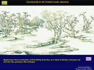 Countryside to the Outskirt (auto advance)
Beginning in the countryside, with budding branches, as a team of donkey carrying coal
into the city, passing a few cottages.
Jump back [PgUp] &
Resume Forward - [PgDn].
 