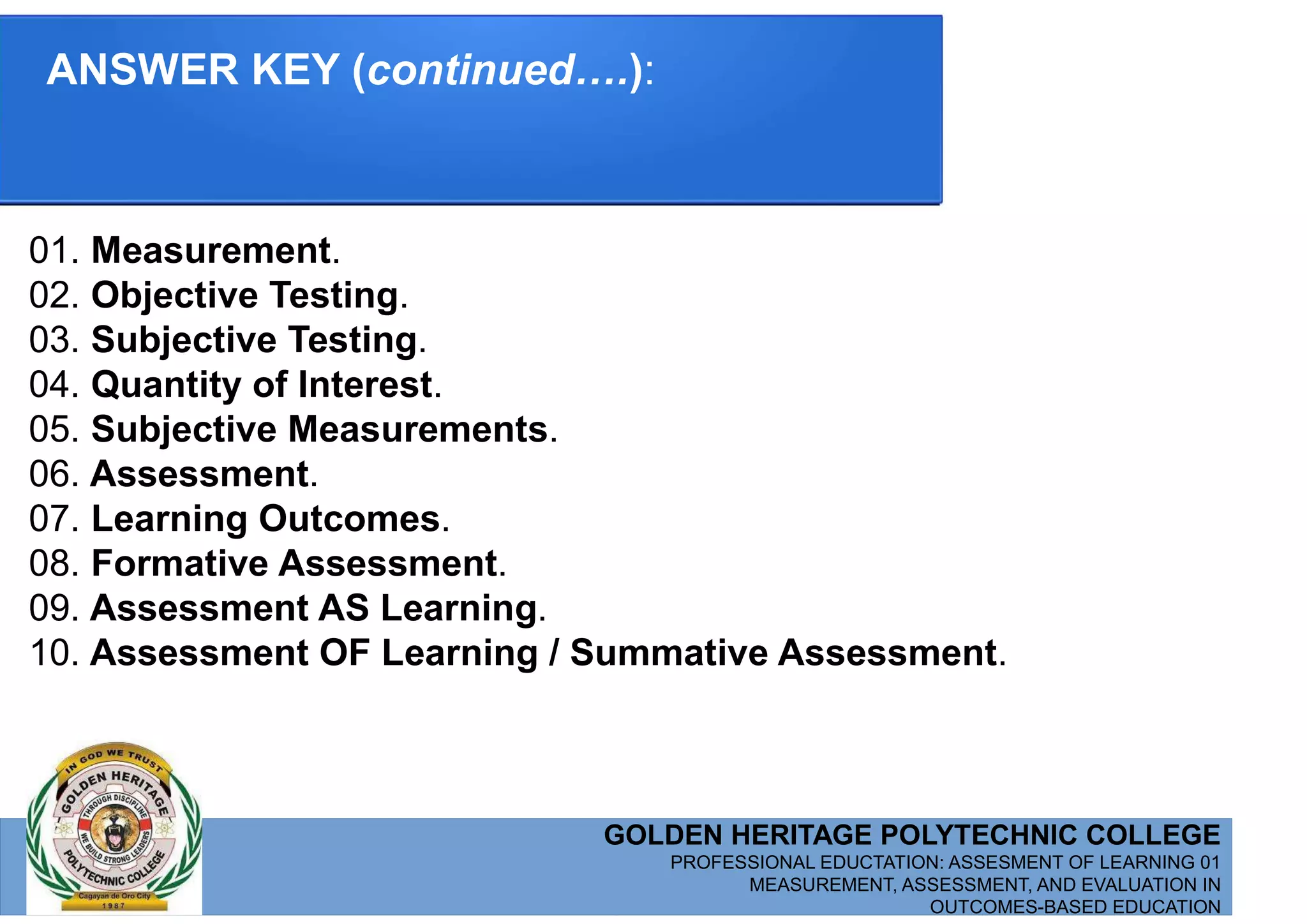 Measurement Assessment and Evaluation in Outcomes-based Education (02 ...