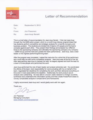 Jean-loup Senski recommendation letter by Jon Passman